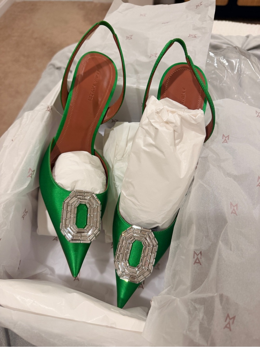 Amina Muaddi Camelia Green Satin Pointed Slingback Pumps with Crystal Buckle